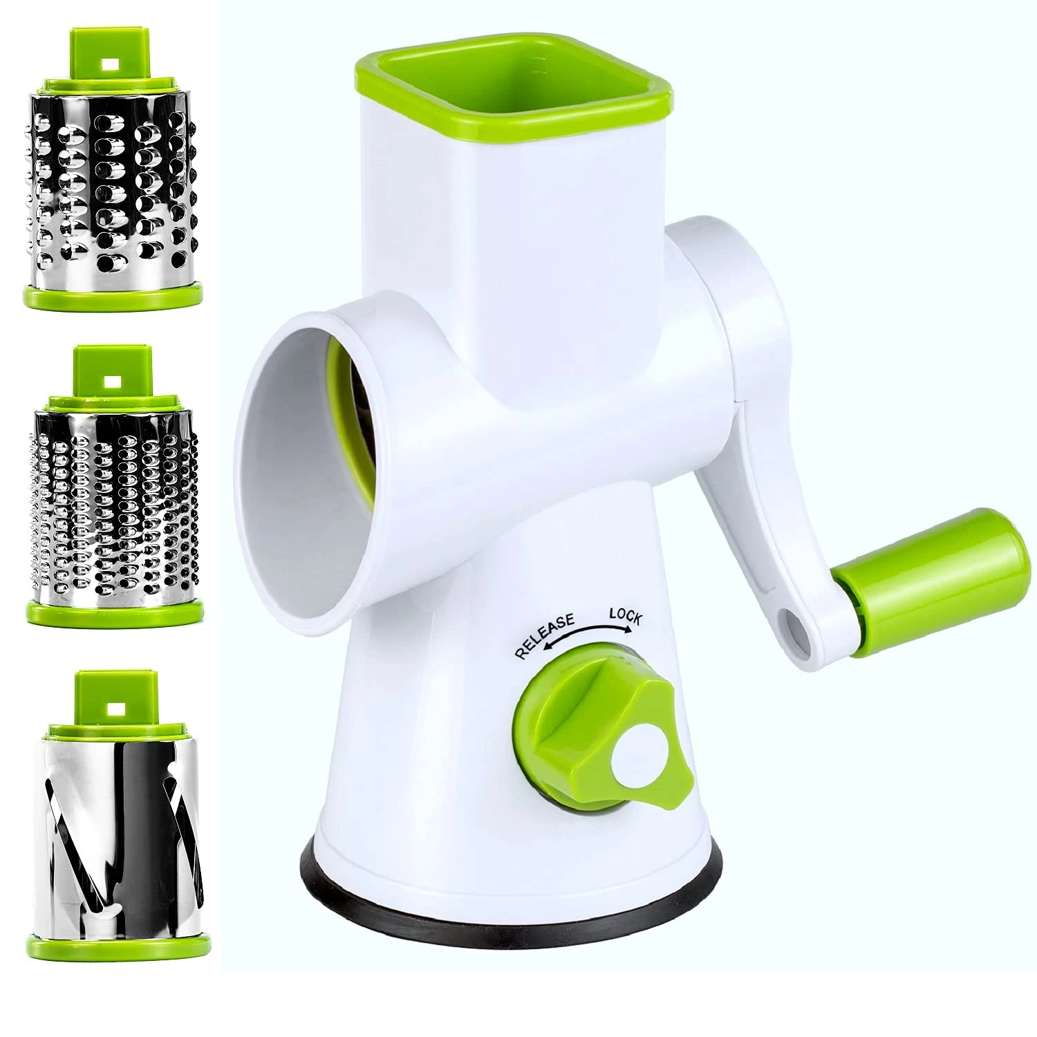 Rotary Cheese Grater - Round Vegetable Mandoline Slicer with 3 Drum Stainless Steel Blades, Dishwasher Safe, Super Vacuum Suction Base (DLG-RG001)
