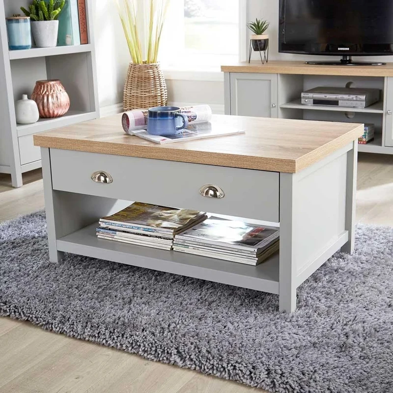 Home Source 2 Drawer Occasional Coffee Table, Oak Effect, Grey