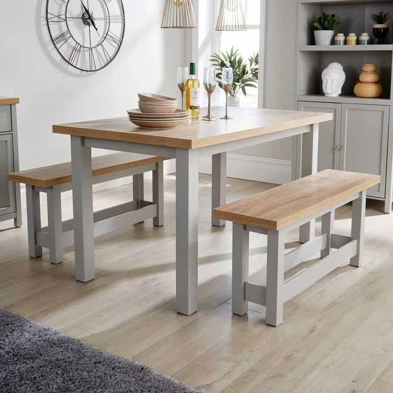 Home Source Kitchen Dining Table Set, 2 Benches, Oak Effect, Grey