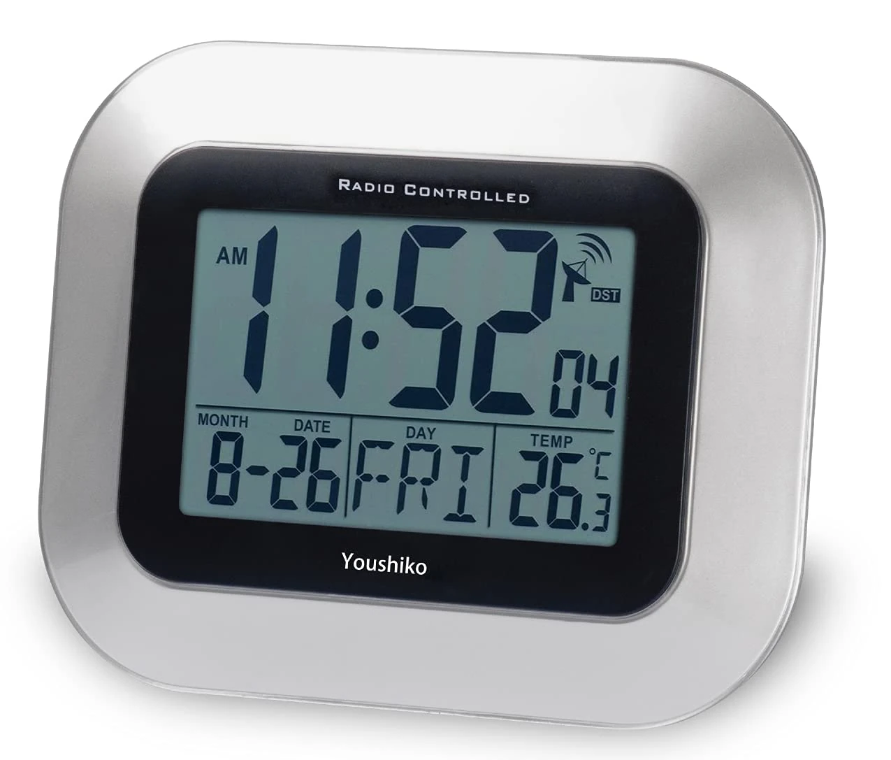 Youshiko Radio Controlled LCD Wall Mountable and Desk Clock (UK & Ireland Version) Jumbo LCD (Silver)