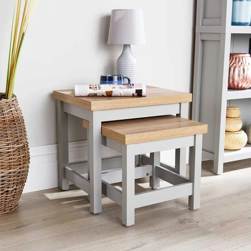 Home Source Nest of 2 Occasional Side End Tables, Stackable, Oak Effect, Grey