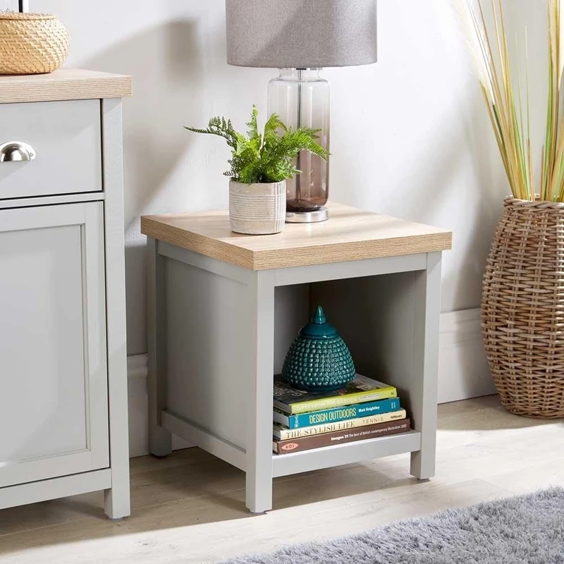 Home Source Occasional End Lamp Table, 1 Shelf, Oak Effect, Grey - Image 1