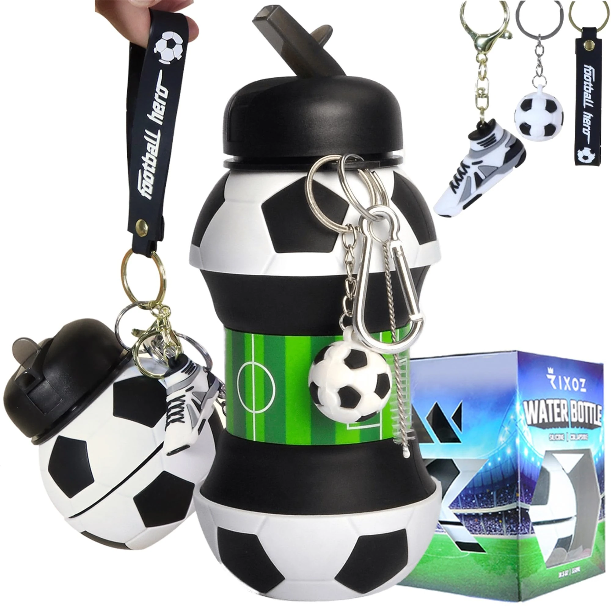 RIXOZ Football Collapsible Water Bottle - 550ml Silicone Bottle With Football, Footi Boot Keyring & Carry Strap