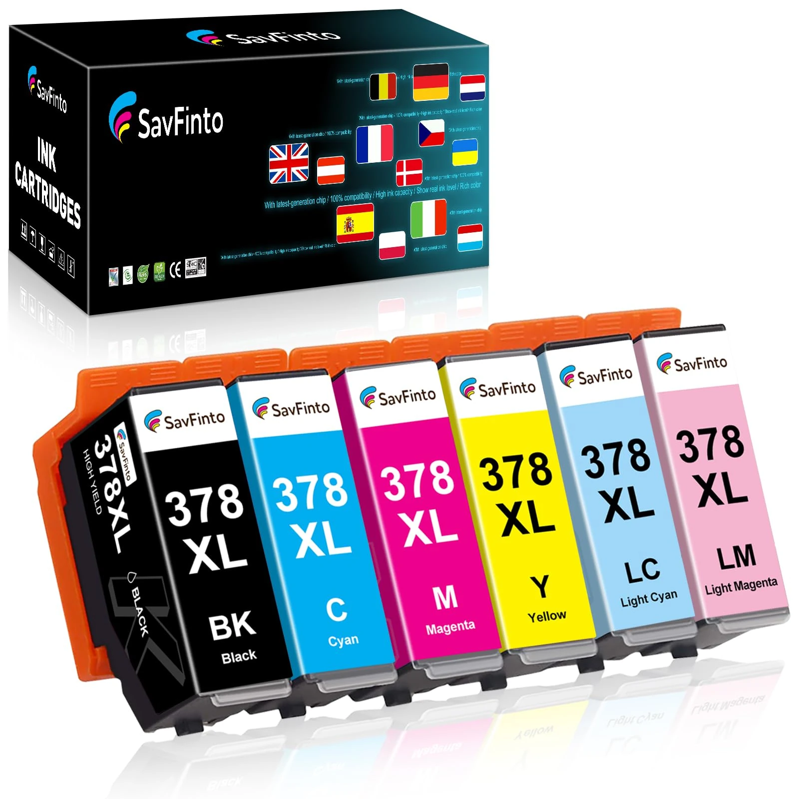 SavFinto 378XL Compatible Replacement for Epson 378 Ink Cartridges for Epson Expression Photo XP-8500 XP-8505 XP-8600 XP-8000 XP-8005 (Black, Cyan, Magenta, Yellow, Light Cyan, Light Magenta) 6 Pack