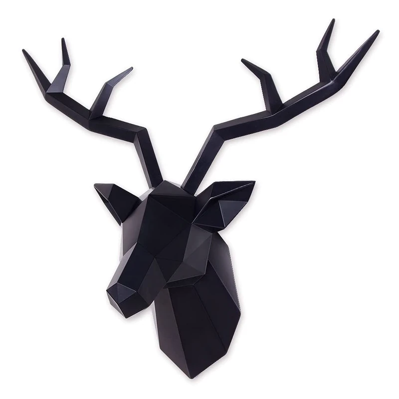 Keygift Deer Head Wall Decor Geometrical Black Deer Antlers Wall Sculpture Faux Taxidermy Resin Wall Animal Head 19x7x17 Inches