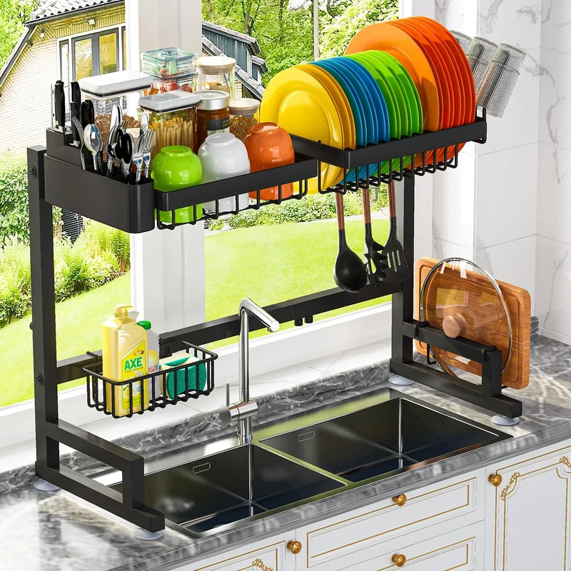 ADBIU Fit Sink 24.5"- 32" L 2023 Version Over Sink Dish Drying Rack (Expandable Dimension) Snap-On Design 2 Tier Large Kitchen Dish Rack Stainless Steel Counter Organization and Storage