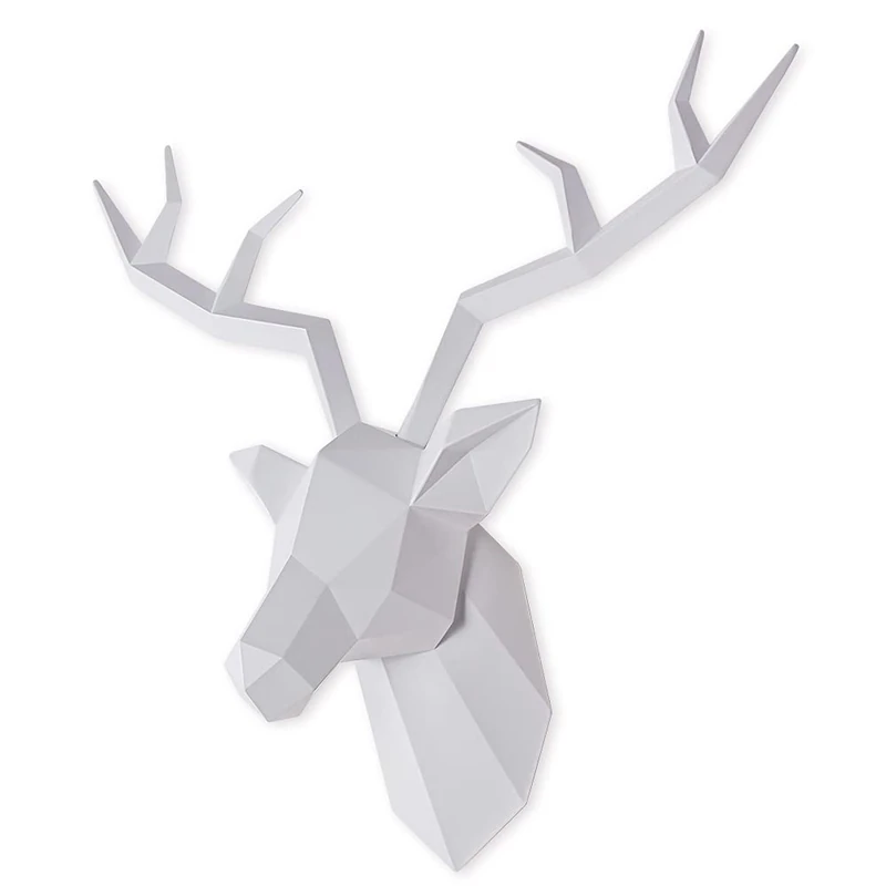Keygift Deer Head Wall Decor Geometrical White Deer Antlers Wall Sculpture Faux Taxidermy Resin Wall Animal Head 19x7x17 Inches