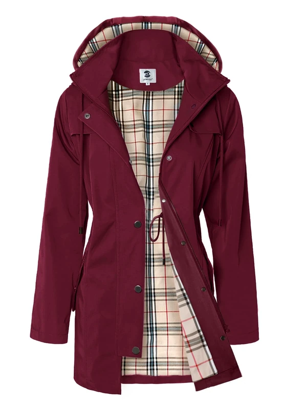 SaphiRose Women's Long Hooded Rain Jacket Outdoor Raincoat Windbreaker(Burgundy,X-Large)