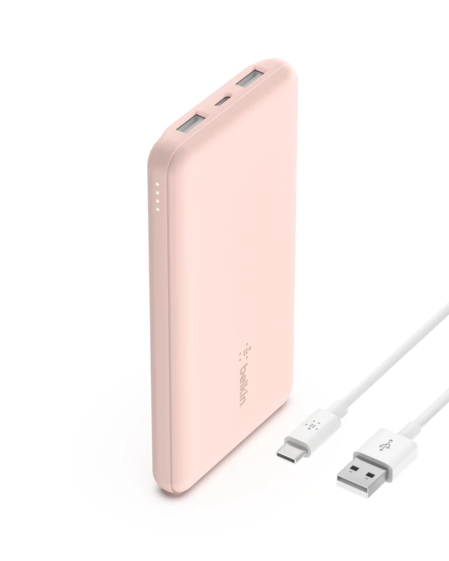 Belkin 10000mAh portable power bank, 10K USB-C portable charger with 1 USB-C port and 2 USB-A ports, battery pack for up to 15W charging for iPhone, Samsung Galaxy, AirPods, iPad, and more - Rose Gold