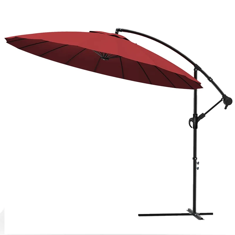 VOUNOT® 3m Cantilever Shanghai Parasol, Banana Garden Patio Umbrella with Crank Handle for Outdoor Sun Shade, 18 Sturdy Ribs, Red