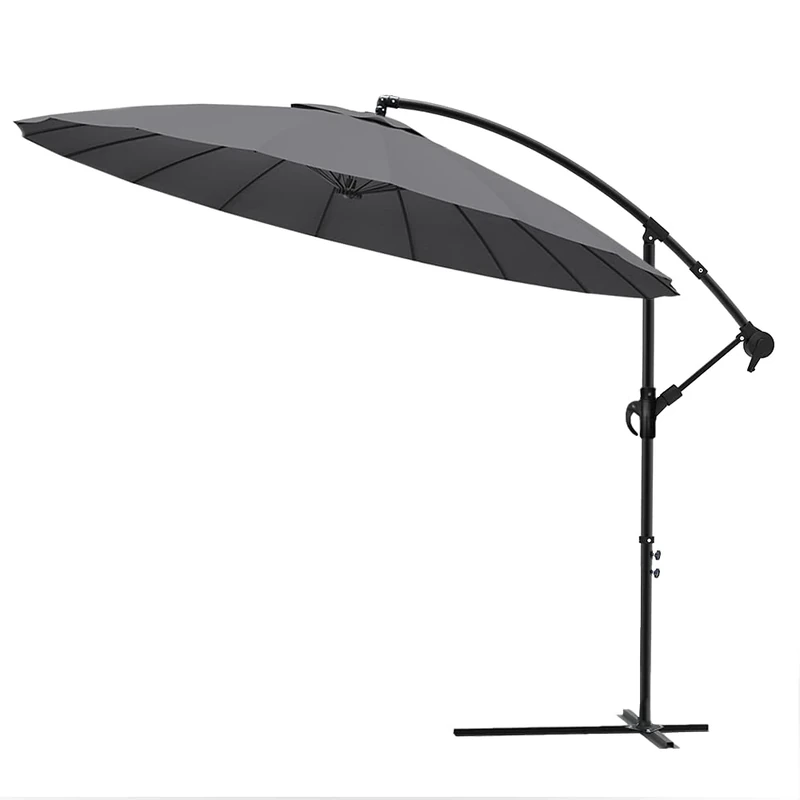 VOUNOT® 3m Cantilever Shanghai Parasol, Banana Garden Patio Umbrella with Crank Handle for Outdoor Sun Shade, 18 Sturdy Ribs, Grey