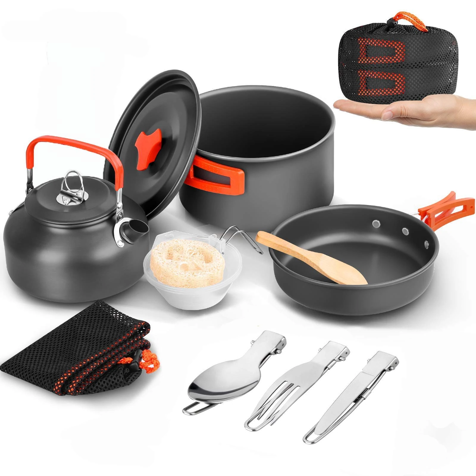 Camping Cookware Kit, Camping Cookware Set Outdoor Cooking Pot Pan Kettle Lightweight Camping Accessories Backpacking Hiking Gear for 2 to 3 People Picnic,Travel (Orange)
