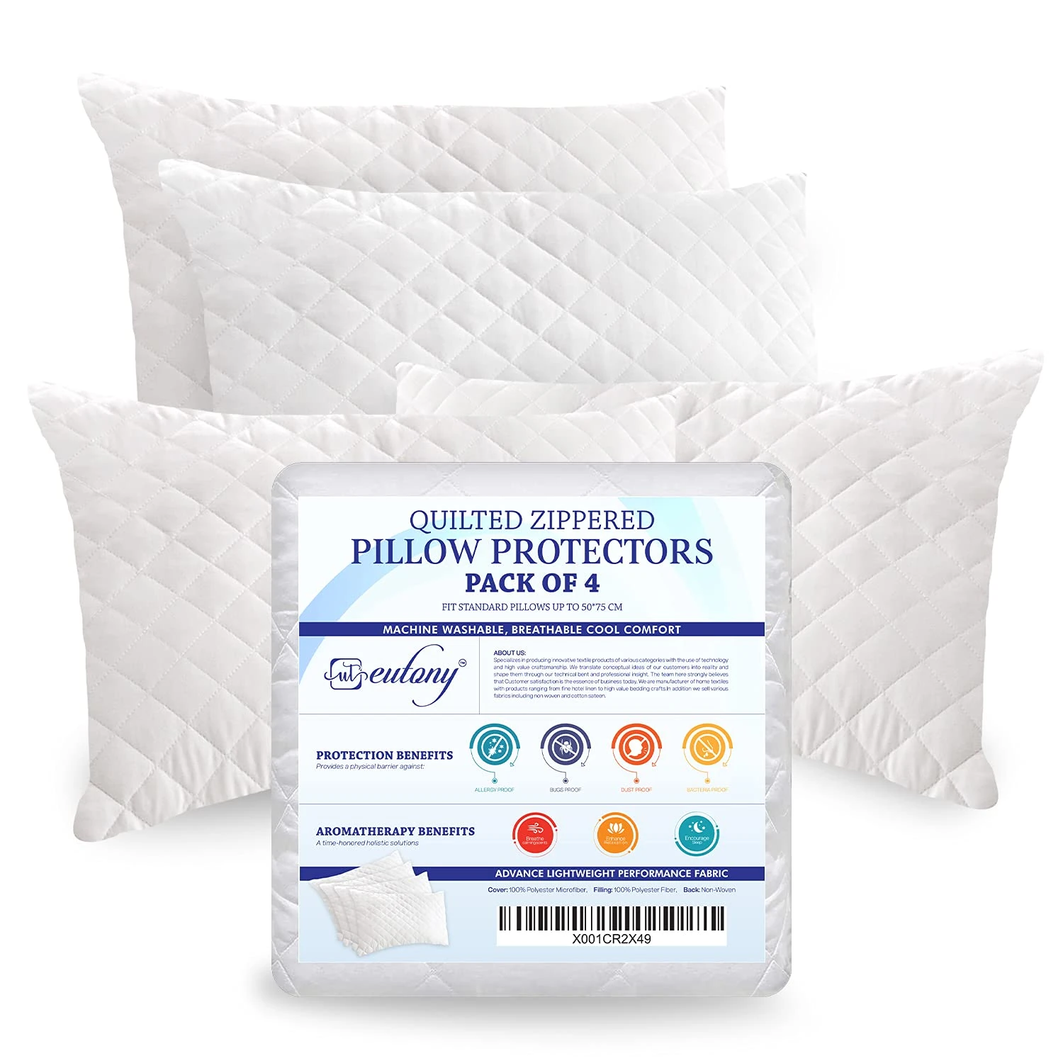 Eutony Quilted Zipped Pillow Protectors 4 Pack - Ultra Luxe, Soft & Breathable Microfiber, Hypoallergenic 50 x 75cm - White
