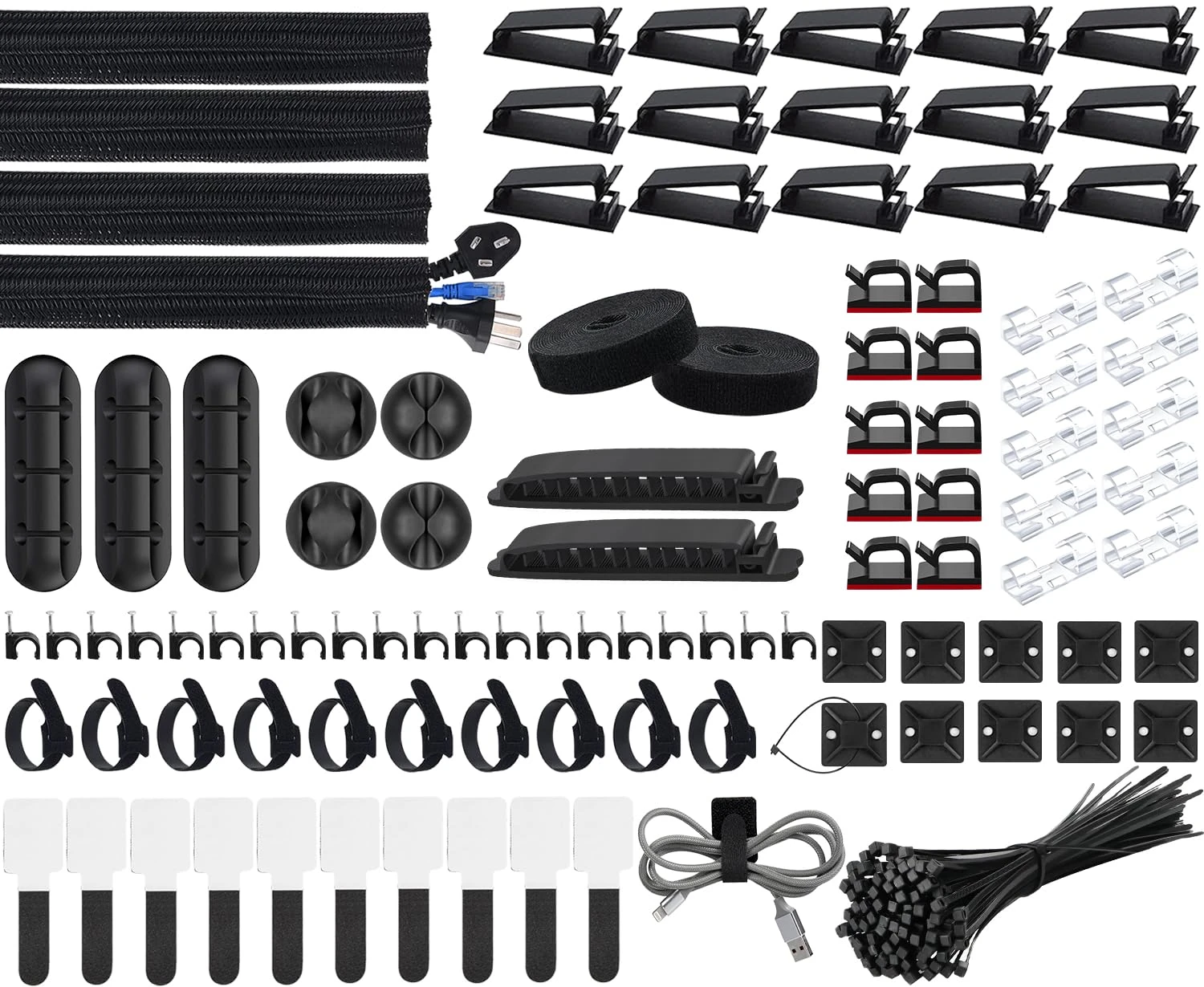 SOULWIT 200PCS Cable Management Kit,4 Cable Sleeves,37 Cable Clips,7 Cable Holders,10 Zip Tie Mounts,20 Cable Clip Nails,100 Cable Fastening Ties,20+2 Roll Cable Straps for TV PC Computer Under Desk