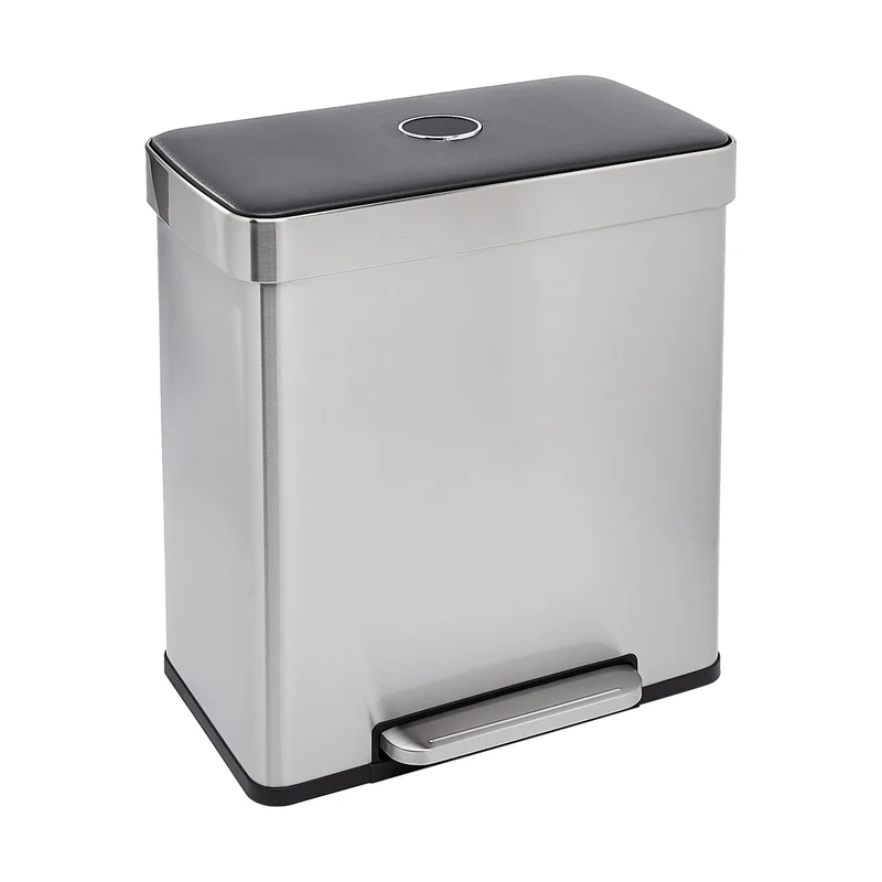 Amazon Basics Rectangular Recycling Rubbish Bin with 2 Compartments, 60 l, Silver