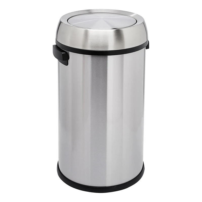 Amazon Basics Round Cylindrical Stainless Steel Rubbish Bin With Swing Lid, 65 litre, Silver & Black