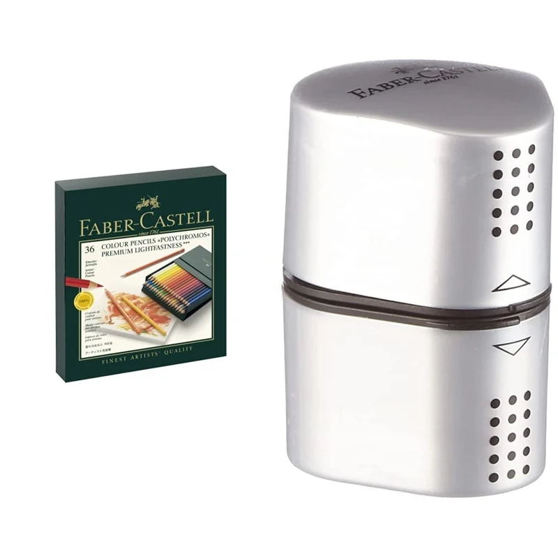 Faber-Castell Polychromos Coloured Pencils Gift Box x 36 Colours & Trio Sharpener Box GRIP 2001 Silver