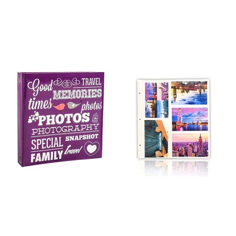 ARPAN AL-9574 Large Slip in Photo Album Holds 500 Photos 6'' x 4'' - Purple & 20 Refill Sheet Holds 6x4'' 200 Large Ringbinder Photo Album