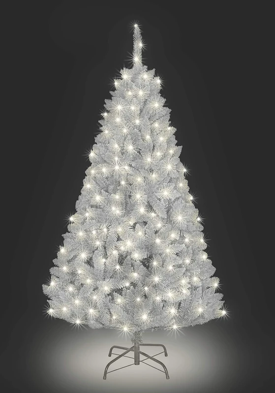 7ft/2.1m Pre-Lit White Bushy Imperial Pine Artificial Deluxe Christmas Tree Hinged Branches 1084 Pencil Point Tips with 300 Warm White LEDs Metal Stand Xmas Home Decorations
