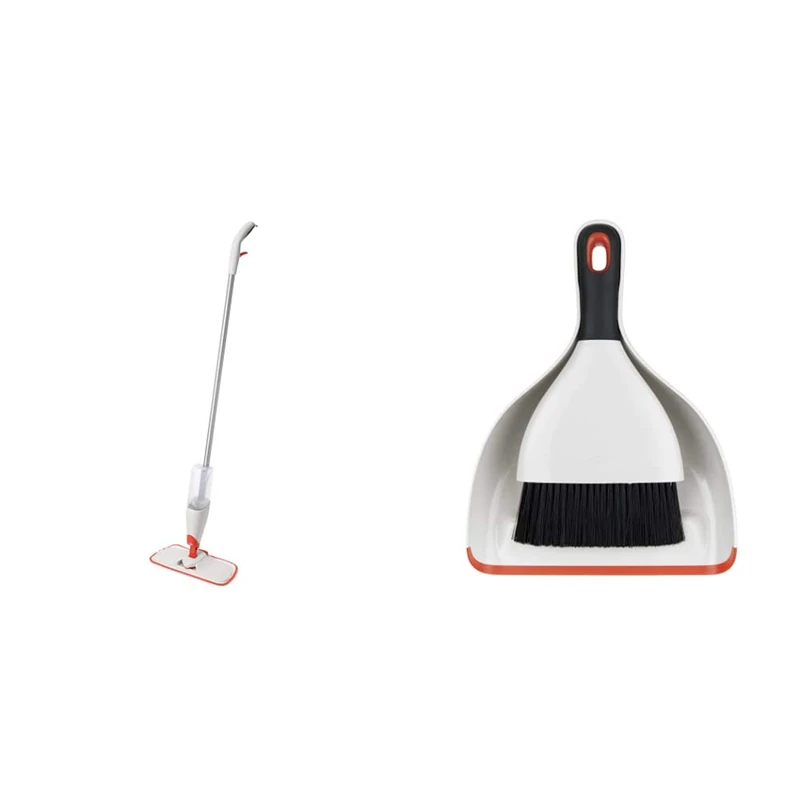 OXO Good Grips Microfibre Spray Mop with Slide-Out Scrubber and Good Grips Dustpan & Brush Set