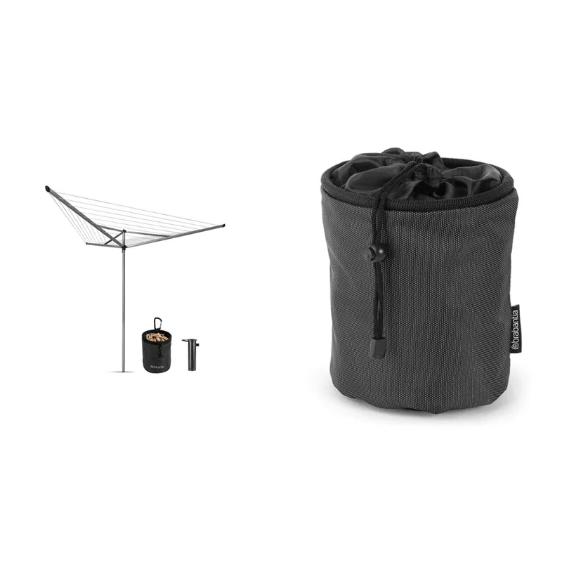 Brabantia Essential Rotary Washing Line and Concrete Anchor Tube, 30 m - Silver & 105760 Premium Peg Bag with Hanging Clip - Black