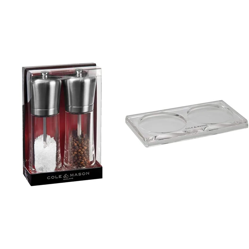 Cole and Mason H307498P Precision Sandown Salt and Pepper Mill Gift Set - Manual Grinders with Adjustable Settings, 18 cm Tall, in Acrylic and Stainless Steel & Acrylic Mill Tray