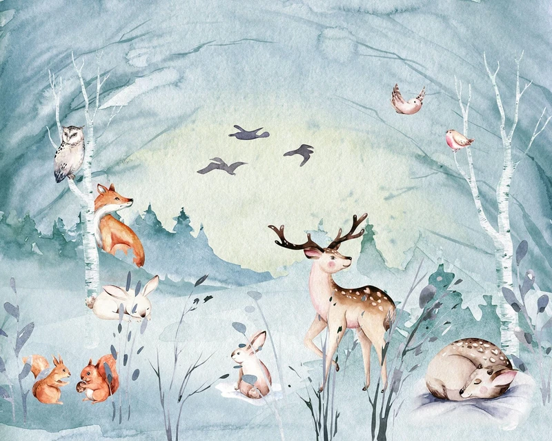 Komar Non-Woven Photo Wallpaper Animal Sleepover Dimensions 350 x 280 cm (Width x Height) Baby Wallpaper Forest Animals Foot Rabbit Deer Children's Room Wallpaper IAX7-0038