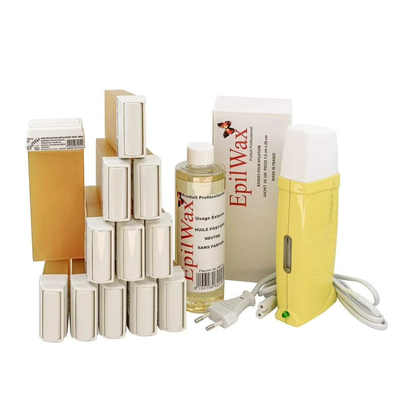 EpilWax Royal Depilatory Kit Complete with: Professional Wax Heater, 12 Roll-On Wax 100 ml Honey 100 Depilatory Strips, 1 Bottle of 250 ml After Wax Oil - (Royal Honey Series 12)