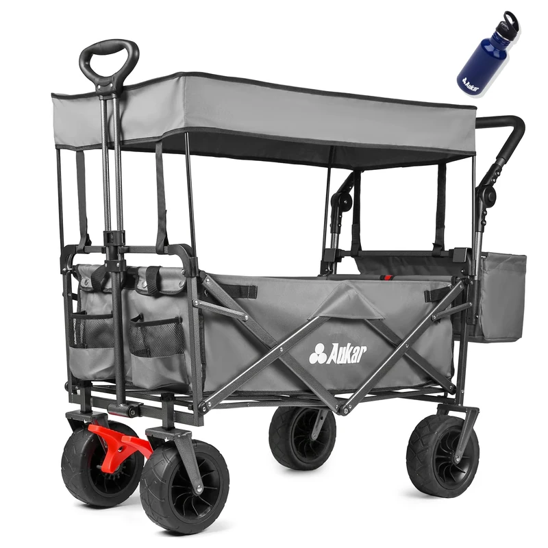 AUKAR Heavy Duty Collapsible Folding Wagon Utility Outdoor Garden Cart with 7’’All-Terrian Wheels Adjustable Push and Pull Handles for Shopping, Picnic, Beach, Camping, Sports (Grey)
