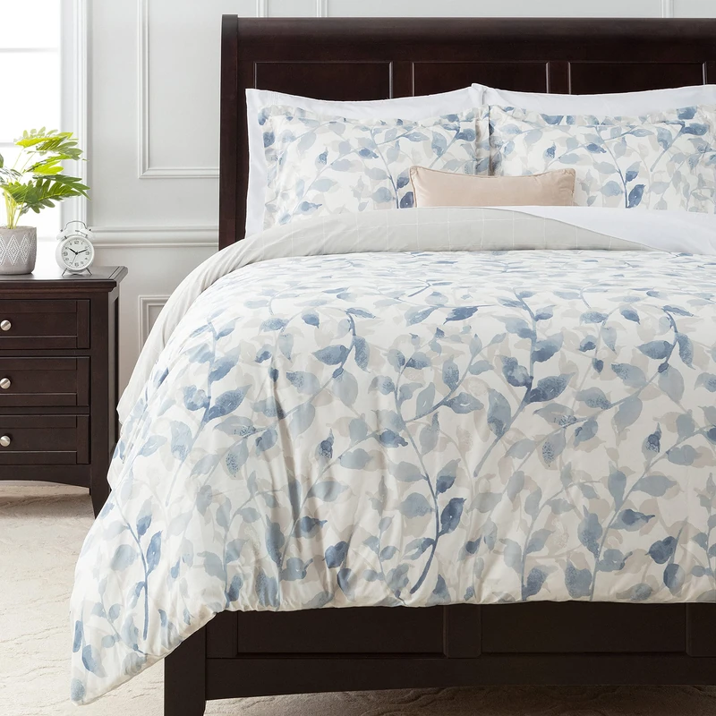 Chanasya Premium Layered Leaf Duvet Cover Set - Duvet Cover (90” x 90”) & 2 Pillow Shams (20” x 26”) - 3-Piece Set, Queen Size, Blue Taupe - Image 1