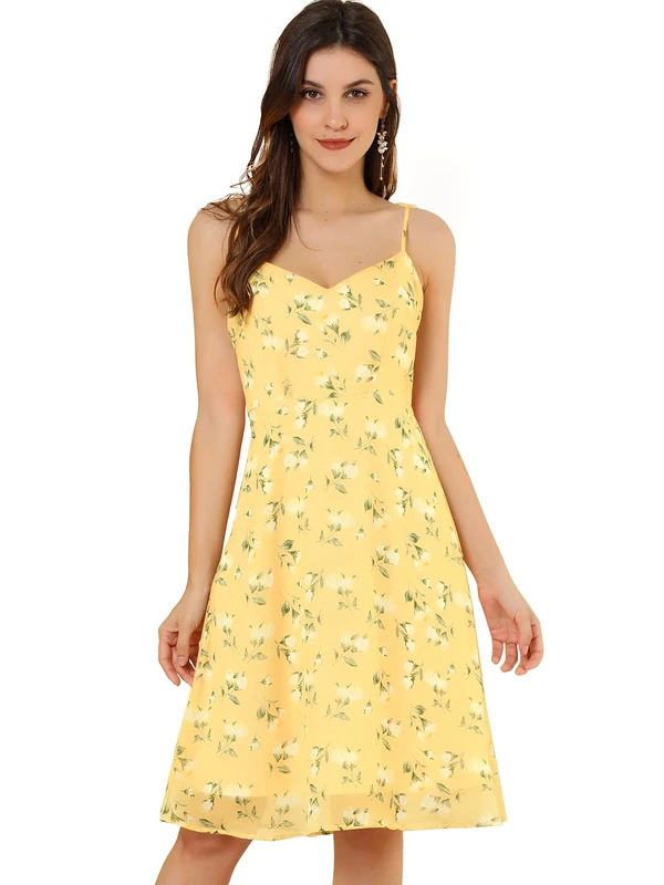 Allegra K Women's Floral Sundress Summer 2024 Tie Shoulder Smocked Spaghetti Strap Dress, Yellow, M