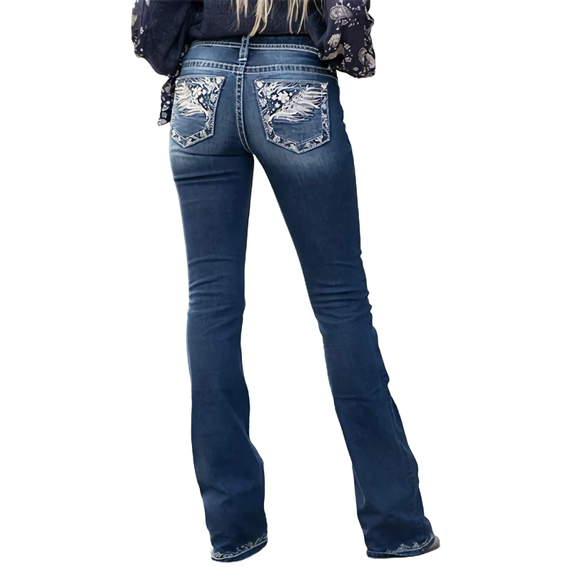 QJBMEI Women's Jeans Feather Flower Embroidery Mid Rise Stretchy Bootcut Slim Wide Leg Pants,Blue,M
