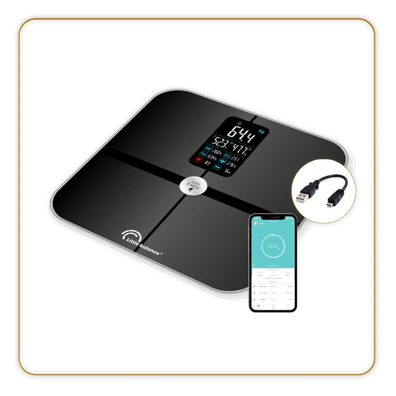 Little balance 8415 Cardio Connect 4 USB, Battery Free Smart Body Fat Meter, USB Rechargeable, 180 kg, Tempered Glass, Black
