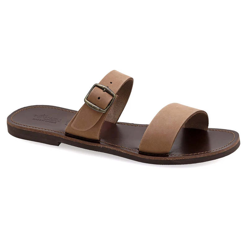 Size 6 Dark Brown Emmanuela Ancient Greek Style Leather Sandals for Men, Quality Handmade Open Toe Men's Sandals with Adjustable Buckle Strap, Slide on Summer Shoes, Slider Strappy Mules - Image 1