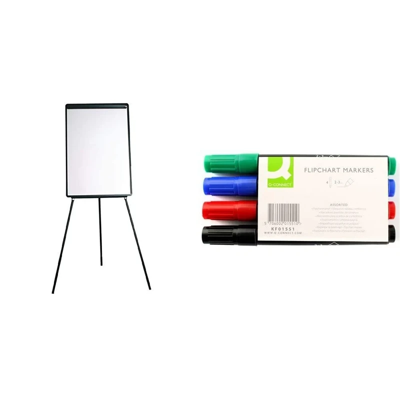 Q-Connect Square EASEL FLIPCHART BPSCA KF04173 - OE06018 and Flipchart Marker Pens Bullet Tip KF01551 - Assorted Colours, Pack of 4, black