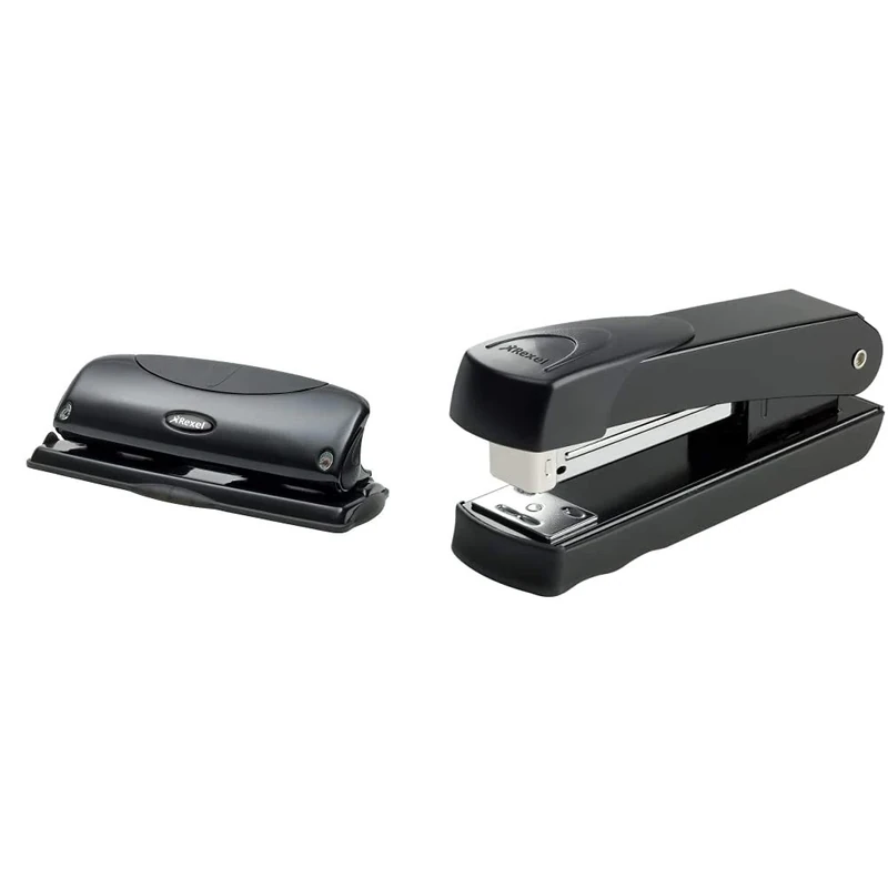 Rexel Precision 425 4 Hole Punch, 25 Sheet Capacity, Paper Alignment Indicator, Metal, Black & Meteor Half Strip Stapler, 20 Sheet Capacity, Uses 24/6 and 26/6 Staples, Metal Body, Black, 2100019
