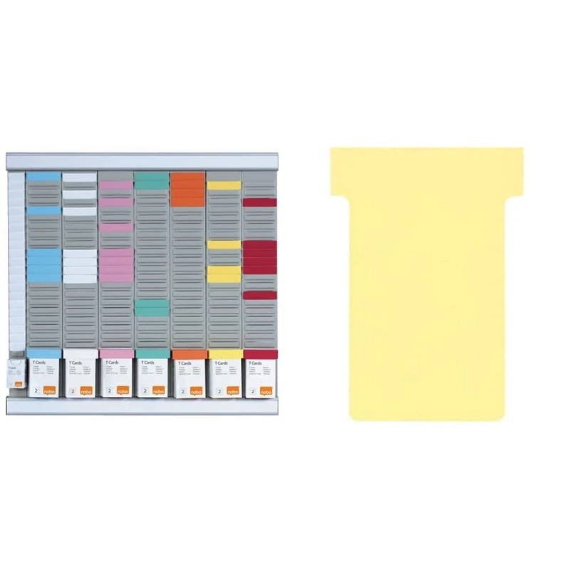 Nobo 7 Panel Weekly Business T Card Organiser Midi Kit, 480 x 480 mm - Assorted & T-Cards Tab Top 15 mm W60 x Bottom W48.5 x Full H85 mm Size 2 Yellow Ref 32938904 [Pack of 100]
