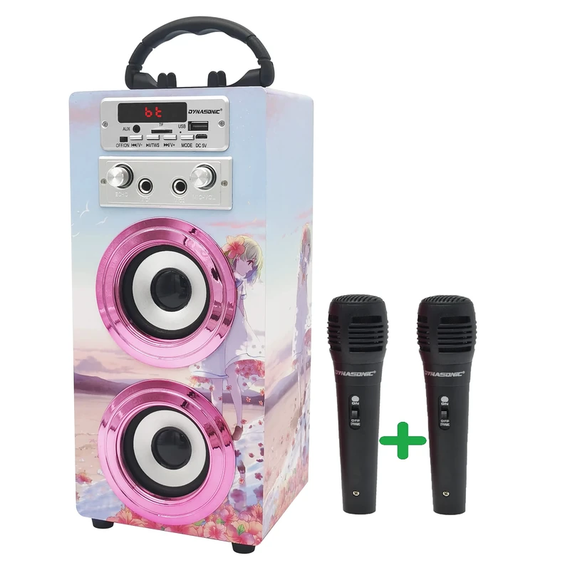 DYNASONIC Karaoke Machine with 2 Microphones, Portable Bluetooth Speaker with Lights, USB and SD Reader, Gift for Children Ages 5-13 (Model 17)