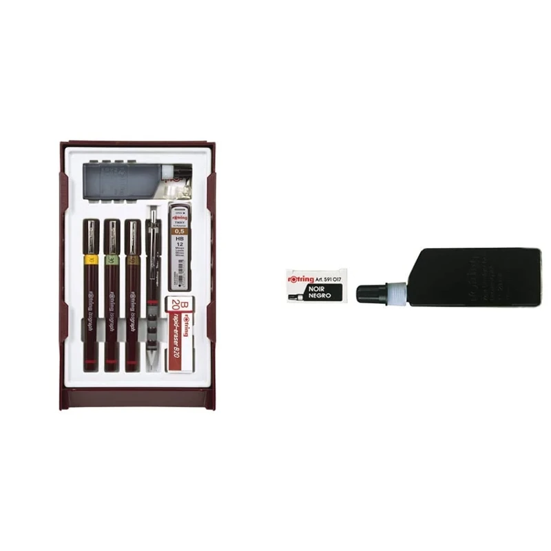 rOtring Isograph College Set 3X Technical Pens (0.20mm, 0.30mm, 0.50mm), 1x Tikky Pencil + Accessories, Red & Isograph Bottled Liquid Ink 23 ml, Black