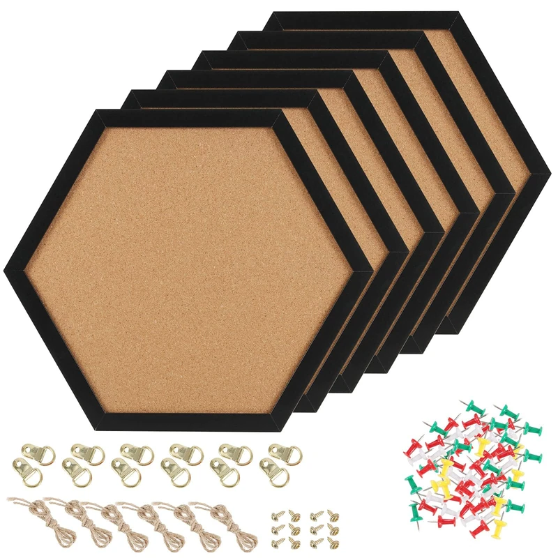 HAKZEON 6 Pack Hexagon Cork Board, Black Framed Hexagon Bulletin Board, Thick Modern Decorative Cork Board with 48 Push Pins for Home, Office, School