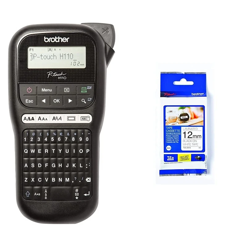 Brother PT-H110 Label Maker, P-Touch Label Printer, Handheld, QWERTY Keyboard, Up to 12mm Labels & TZe-231S Labelling Tape Cassette, Black on White, 12 mm (W) x 4M (L)