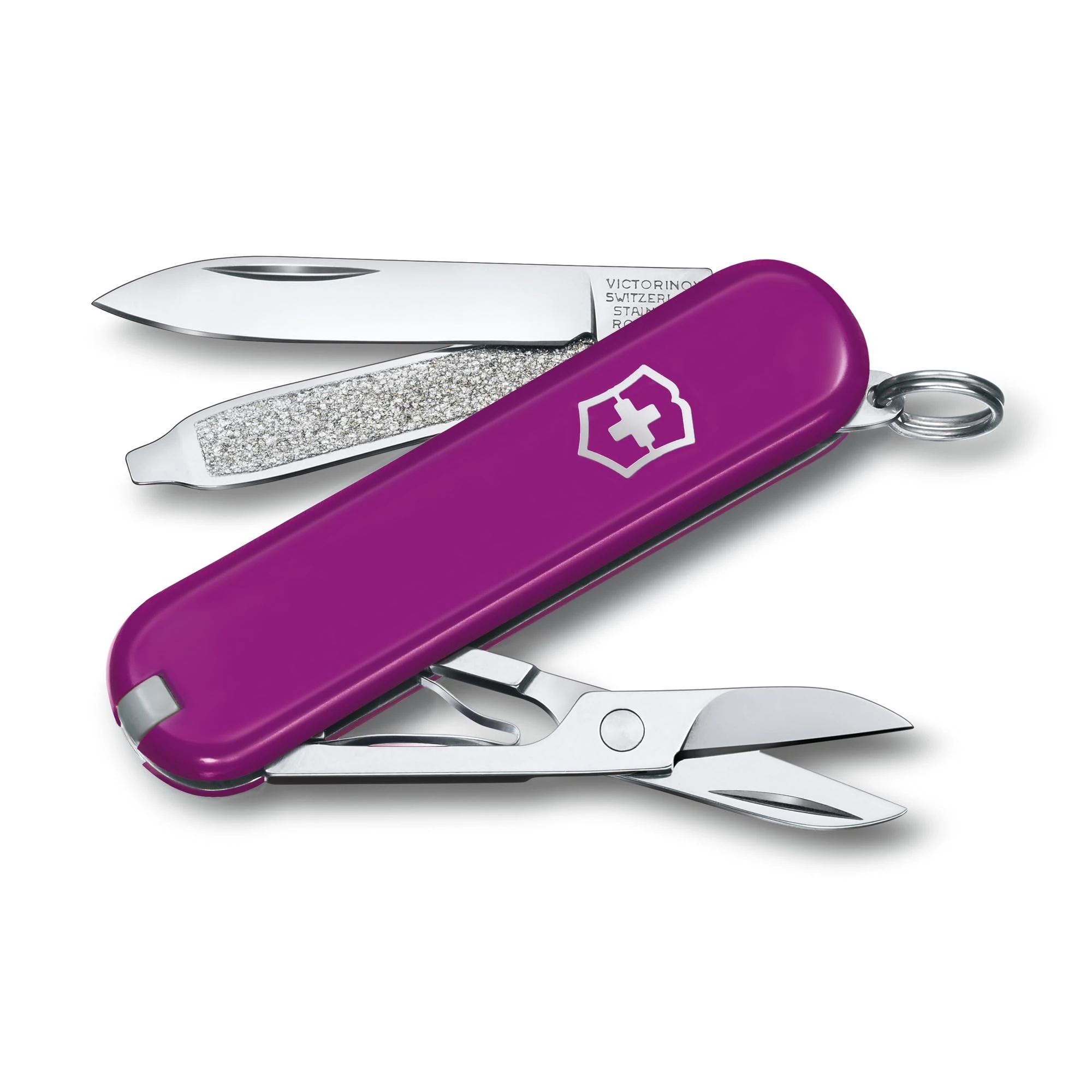 Victorinox Classic SD Mini Swiss Army Knife, Camping Pocket Knives, 7 Functions, Blade, Keyring, Magenta