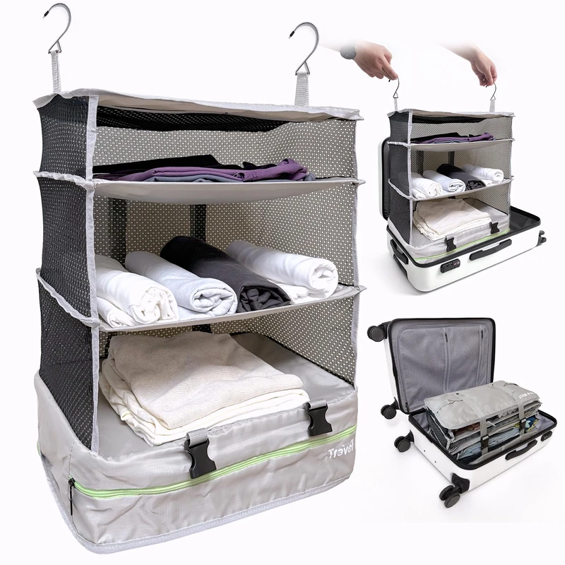 Grand Fusion Stow-N-Go Portable Hanging Travel Shelves, Packing Organizer for Luggage. Carry on Closet with Hanger for Clothes and Storage Compartment, Travel Essentials from Large, Light Gray