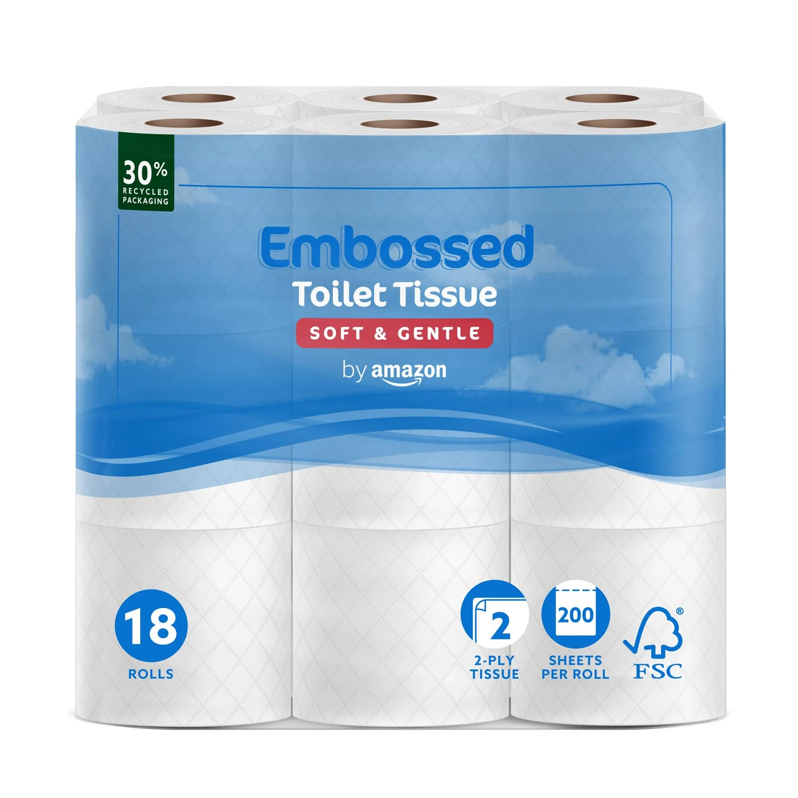by Amazon Toilet Roll, 2-Ply Embossed, Soft and Gentle, 18 Rolls (Pack of 1), 200 Sheets per Roll, FSC Certified