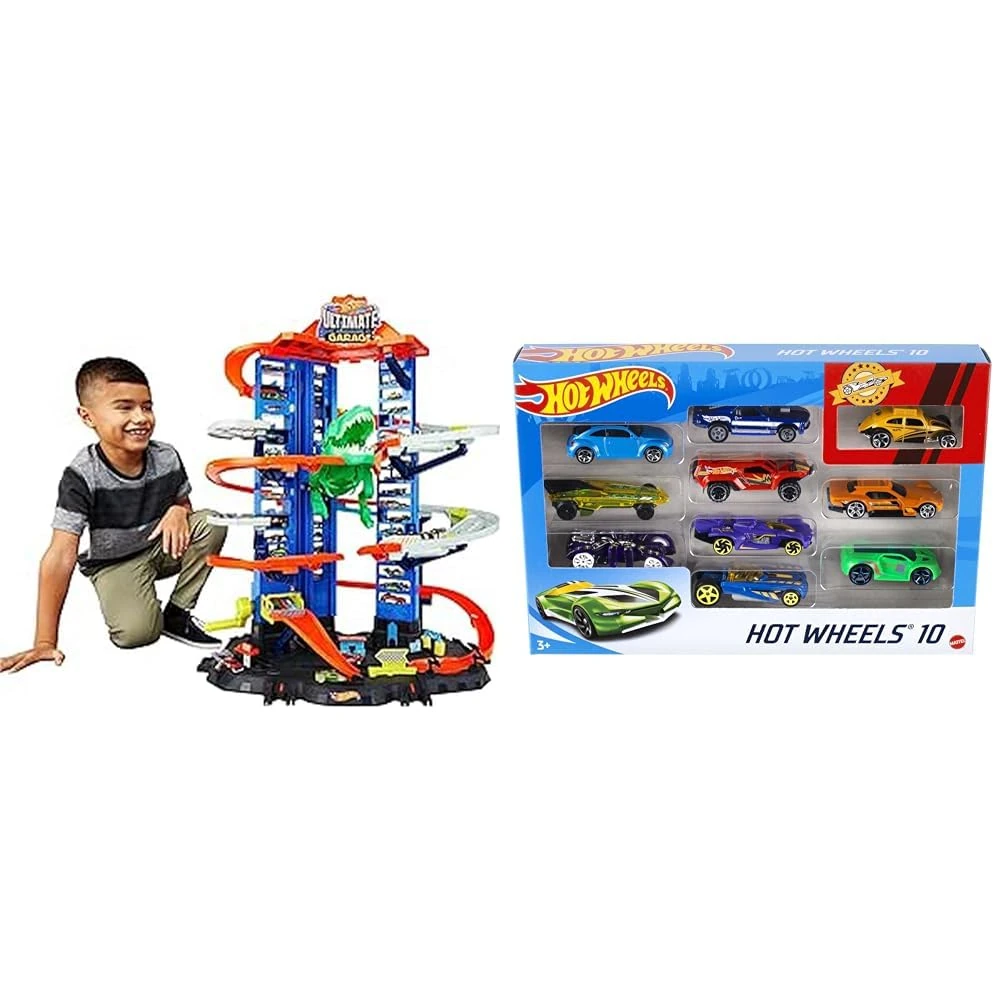Hot Wheels City Ultimate Garage - Multi-Level Track Playset with 2 Cars & 10-Car Pack of 1:64 Scale Vehicles, Gift for Collectors & Kids Ages 3 Years Old & Up (Pack May Vary), 54886, Multicolor