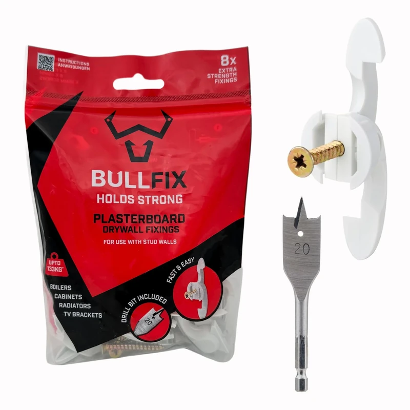 Bullfix Extra Plasterboard Fixings Heavy Duty Pack - Drywall Anchor for Insulated Plasterboard, Stud & Hollow Cavity Wall Anchor Kit with Screws, Holds up to 133kg, 20mm Drill Bit - Starter 8 Pack