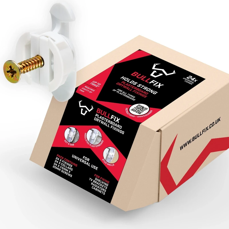 Bullfix Universal Plasterboard Fixings Heavy Duty - Drywall Anchor for Dot & Dab, Stud & Hollow Cavity, Wall Anchor Kit with Screws, Holds Up To 116kg - 24 Pack