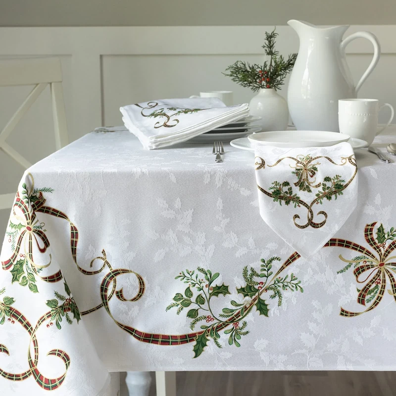 Benson Mills Merry Ribbons Engineered Printed Jacquard Fabric Christmas Table Cloth, Elegant Christmas Tablecloth for All Holiday and Winter (60" x 104" Rectangular)