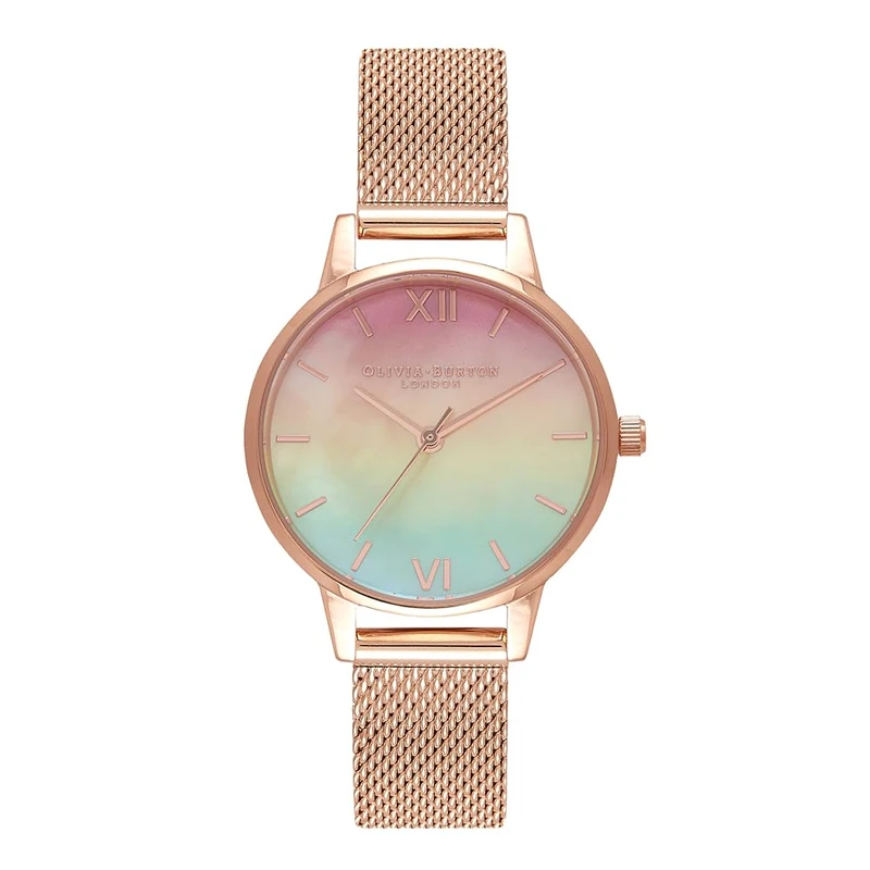 Olivia Burton Analogue Quartz Watch for Women Rainbow Collection with Rose Gold Colored Stainless Steel Mesh Bracelet - OB16RB25