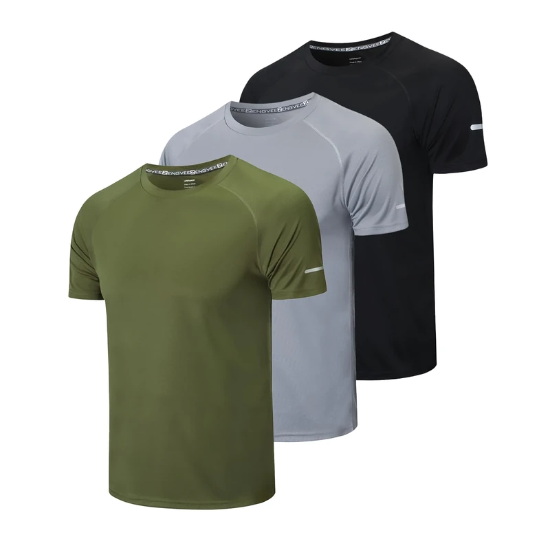 Gaiatiger 3 Pack Mens T-Shirts Quick Dry Work Moisture Wicking Active Athletic Gym Tops Short Sleeve Clothes(520)-Black Gray Green-L